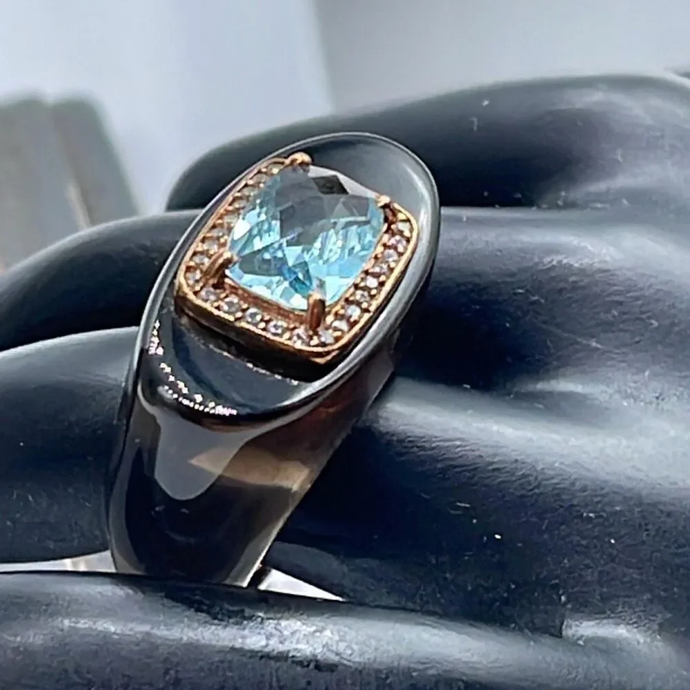 Gemorbit, Inc.,Smokey Topaz, white zircon and blue topaz ring size 8